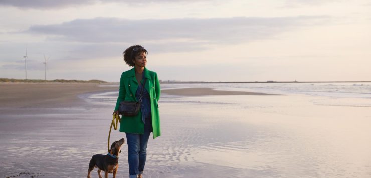 vrouw met hond op het strand, Symbool voor voorlopige aanslag scheiding
